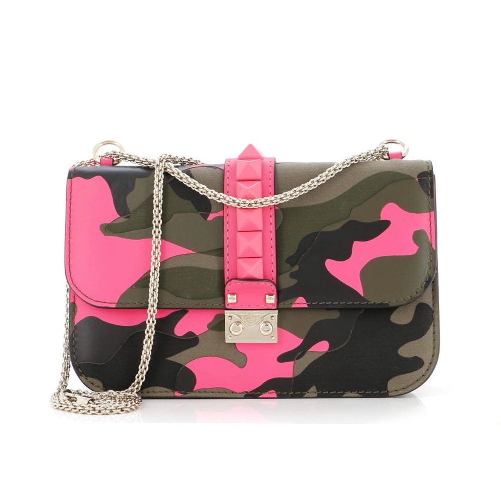 Valentino Pink Camo Medium Glam Lock Leather Canvas